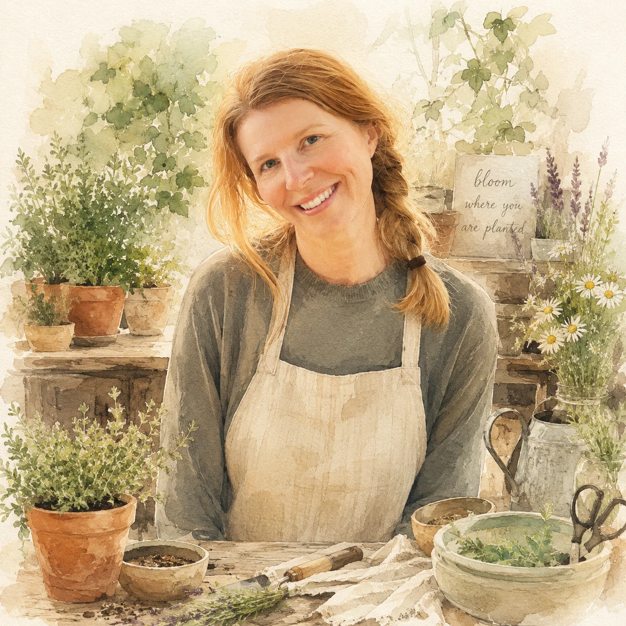 Watercolor portrait of Lauren Sligh in a garden setting for the Meet the Leader section.
